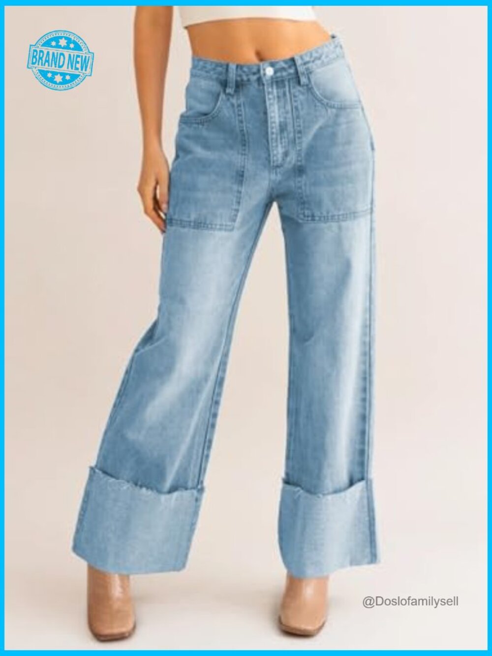 Baggy Cuffed Boyfriend Jeans Casual Straight Leg Denim Pants with Pockets - Picture 5 of 7